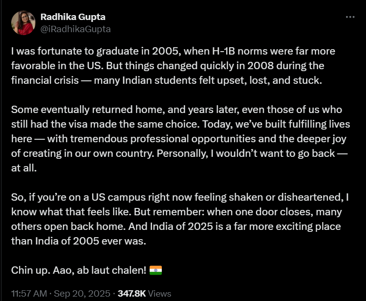 H-1B संकट पर राधिका गुप्ता: "आओ, अब लौट चलें"