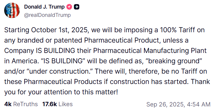 1 अक्टूबर से दवाओं पर 100% और भारी ट्रकों पर 25% शुल्क लगेगा।